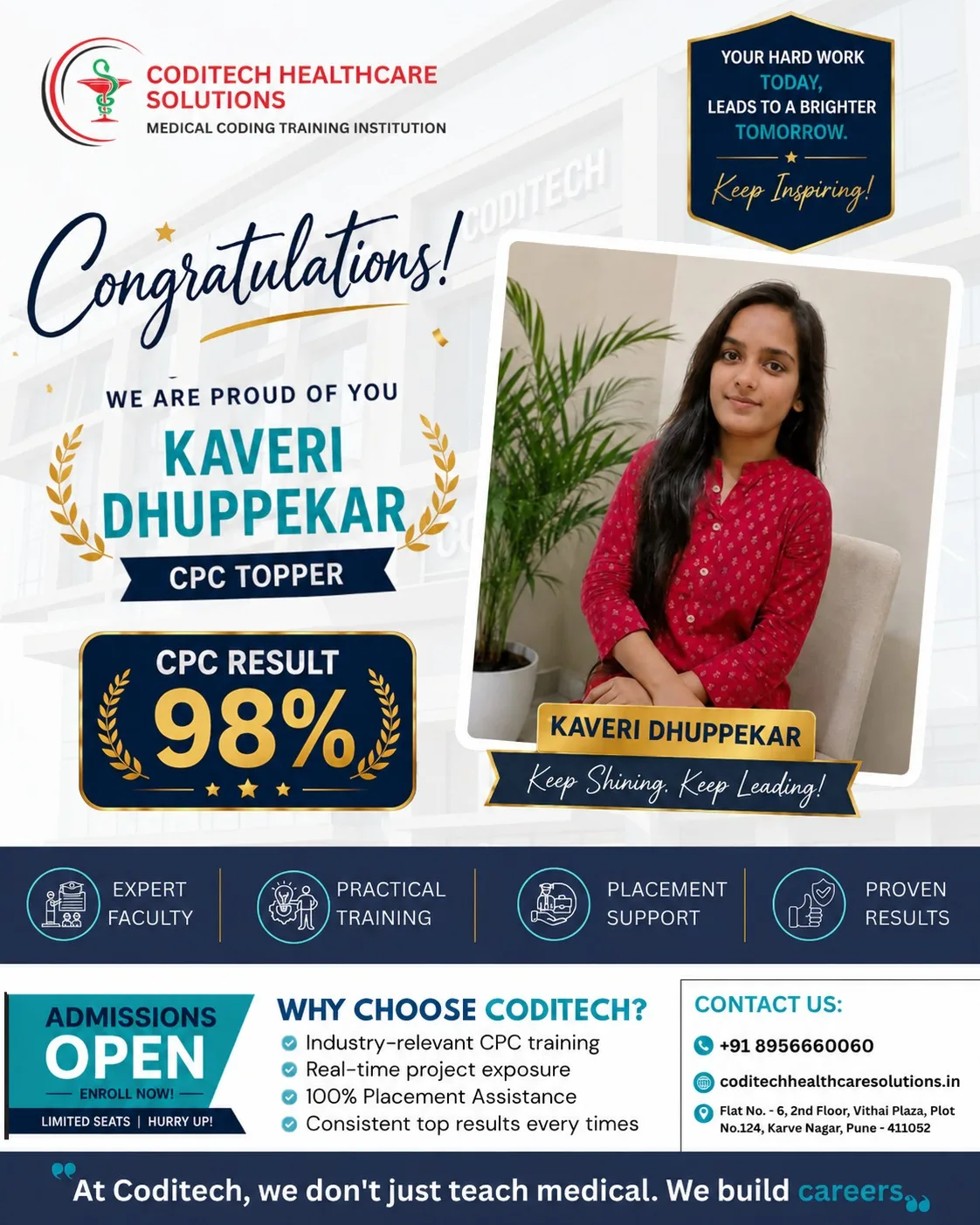 AAPC CPC Exam Topper 2026 in India – Kaveri Dhuppekar scored 98% at Coditech Healthcare Solutions.